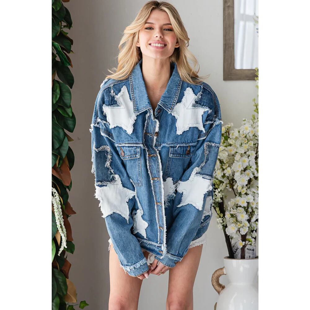 "Denim Superstar" Oversized Star Patch Denim Jacket - Picture 2 of 6